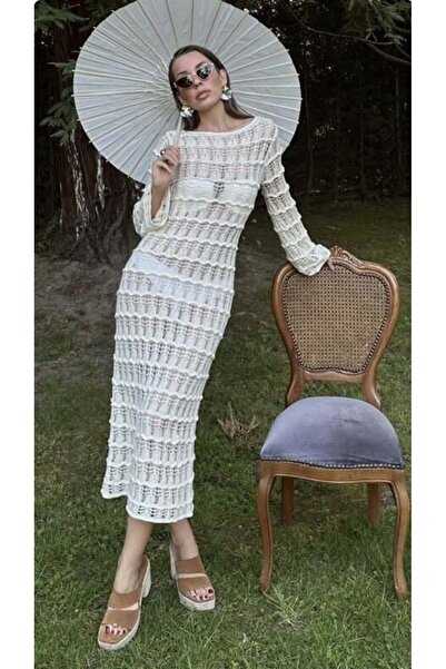 caddstore Sv 245015 فستان تريكو بأكمام طويلة منسوج من قماش إكرو