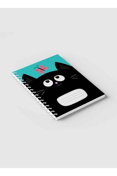 LOWHA Spiral Notebook with Front and Back Hard Covers Featuring Black Cat & Butterfly Cartoon Design