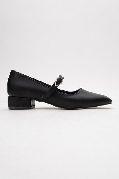 CCWAY AYAKKABI Women's Buckle Heeled Shoes Black Skin