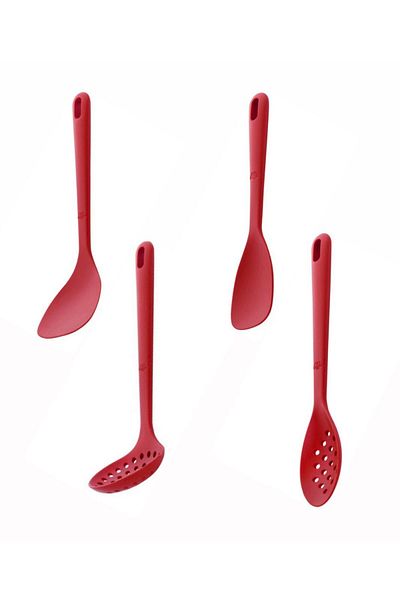 BALLARİNİ Red 4 Piece Silicone Spoon Colander Serving Set Red