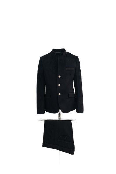 Micio Boy's Black Velvet Metal Button Judge Collar Jacket Black Pants Modern Suit