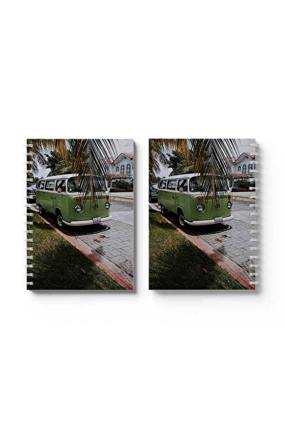 LOWHA دفتر ملاحظات حلزوني مع غلافين أمامي وخلفي صلبين، يحمل صورة حافلة خضراء بتصميم طبيعي