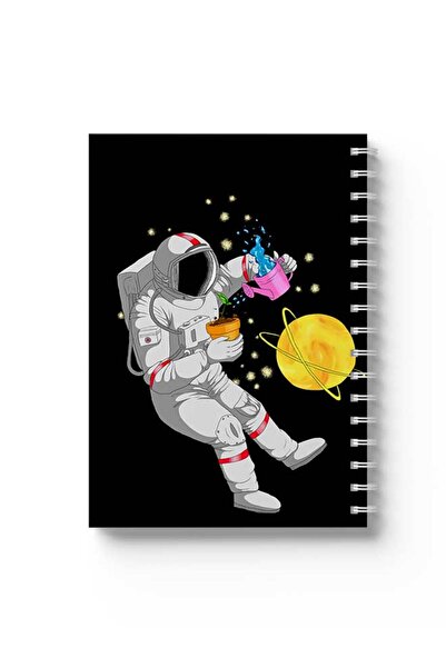 LOWHA دفتر ملاحظات حلزوني مع غلافين أمامي وخلفي صلبين بتصميم رائد فضاء ونبات