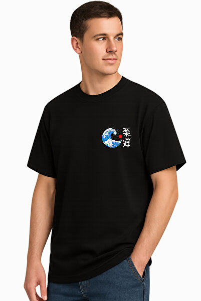 FANA تي شيرت كبير الحجم مطبوع عليه موجة يابانية للجنسين – خيار أبيض وأسود