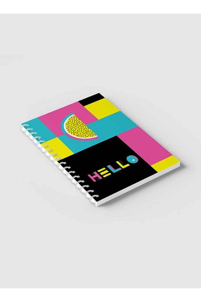 LOWHA دفتر ملاحظات حلزوني مع غلافين أمامي وخلفي صلبين يتميز بتصميم Hello القديم والأشكال الملونة