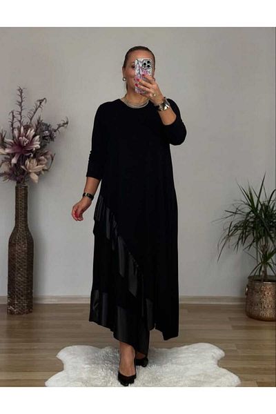 KLEERMAKER Women's Plus Size Cotton Viscose Fabric Black Skirt Leather Detailed Pocket Dress