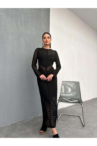 caddstore Sv Slit Detailed Long Sleeve Black Maxi Dress