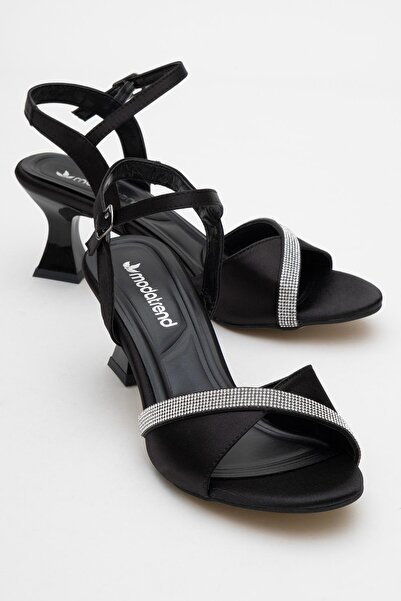CCWAY AYAKKABI Tek Sıra Taşlı Kelebek Kadın Topuklu Sandalet SİYAH SATEN