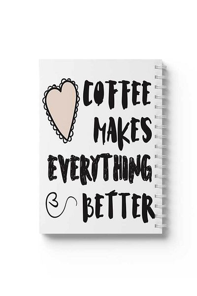 LOWHA Spiral Notebook with Front and Back Hard Covers Featuring Coffee Makes Everything Better Design