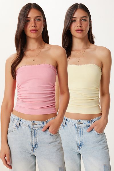 Lovelyİstanbul 2 Pack Strapless Gathered Stretchy Knitted Blouse