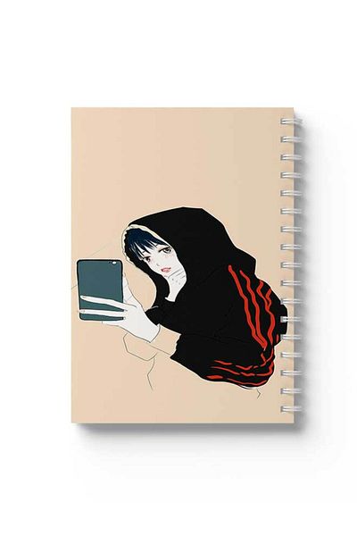 LOWHA Spiral Notebook with Front and Back Hard Covers Featuring Girl with Phone Design
