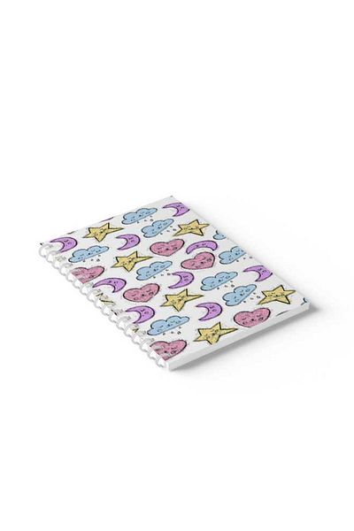 LOWHA Spiral Notebook with Front and Back Hard Covers Featuring Moon Hearts And Clouds Design