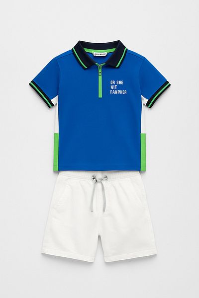 Magu Boys' Cotton Saks Blue Polo Neck Shorts Set - Summer Sports Design