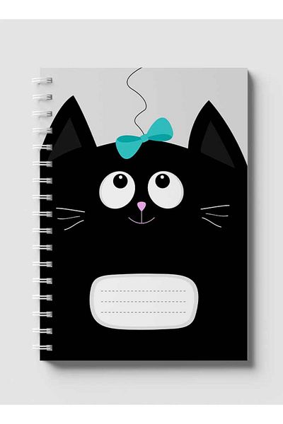 LOWHA Spiral Notebook with Front and Back Hard Covers Featuring Cartoon Black Cat Blue Ribbon Design
