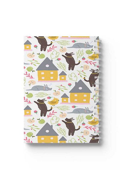 LOWHA Spiral Notebook with Front and Back Hard Covers Featuring Animals And Houses Design