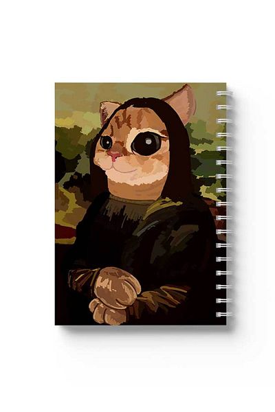 LOWHA Spiral Notebook with Front and Back Hard Covers Featuring Cat Monaliza Design