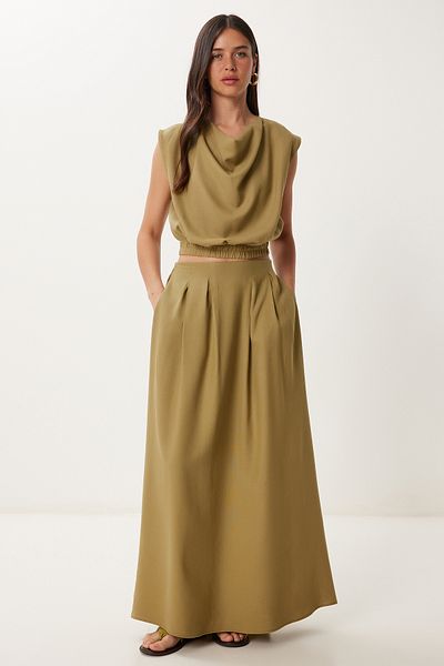Lovelyİstanbul Degaje Collar Linen Blouse Skirt Set