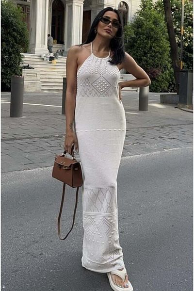 caddstore Sv 024324 Backless Knitwear Ecru Dress