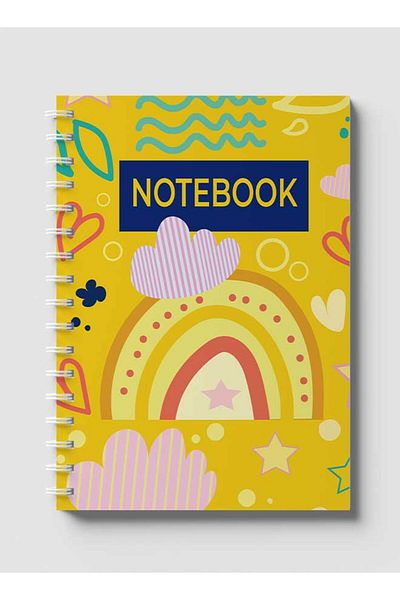 LOWHA Spiral Notebook with Front and Back Hard Covers Featuring Hearts Cloud & Rainbow Doodle Design