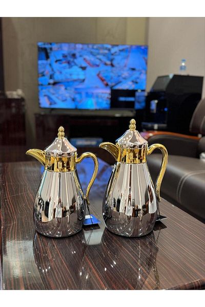 aljahwari Qamar Thermos Set, 2 Pieces, Two-Tone Nickel