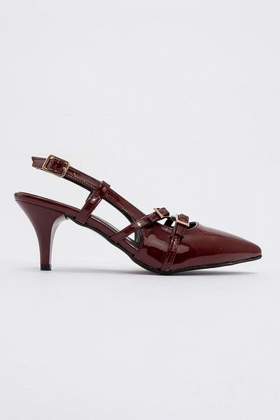 CCWAY AYAKKABI Women's 3 Buckle Heeled Shoes Claret Red Patent Leather