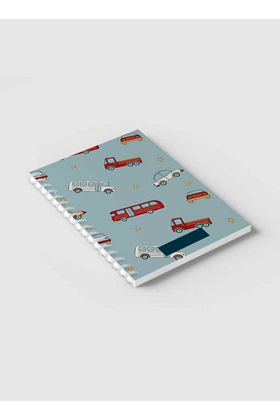 LOWHA Spiral Notebook with Front and Back Hard Covers Featuring Bus & Cars Design