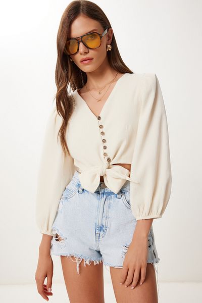 Lovelyİstanbul Crop Linen Blouse with Tie Detail