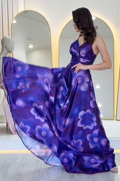 zks grup tekstil Women's Floral Strap Back Low-Cut Long Evening Dress Saks Blue, Purple, Burgundy
