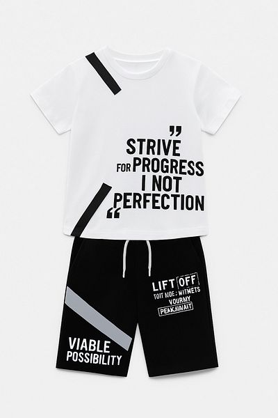Magu Boys' Cotton Black and White Text Printed T-Shirt Shorts Set - Sporty and Modern Style