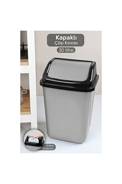 abnturk Plastik Kapaklı 30 Litre Çöp Kovası Ev Ofis Mutfak Banyo Çöp Kovası