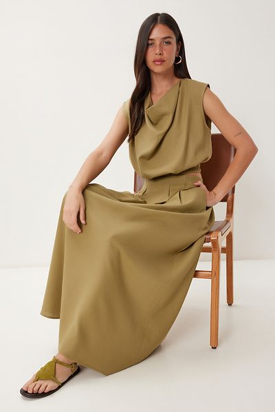 Lovelyİstanbul Degaje Collar Linen Blouse Skirt Set