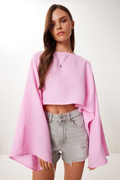 Lovelyİstanbul Bat Sleeve Crop Muslin Blouse