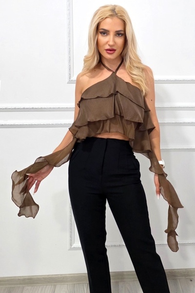 FashionForYou Yuna elegant asymmetrical top, with oversized wrap-around ruffles, Mocha Mousse, Size S/M