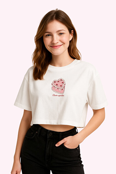FANA Women's Semi Crop T-Shirt – Buon Appetito Cake Pattern Cute Printed White & Ecru