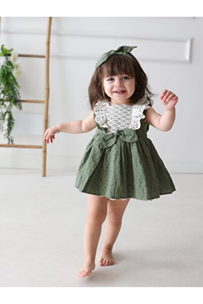 PİTABABY Siena -Koyu Yeşil Dantel Detaylı, Bandanalı Özel Gün Kız Bebek Elbisesi