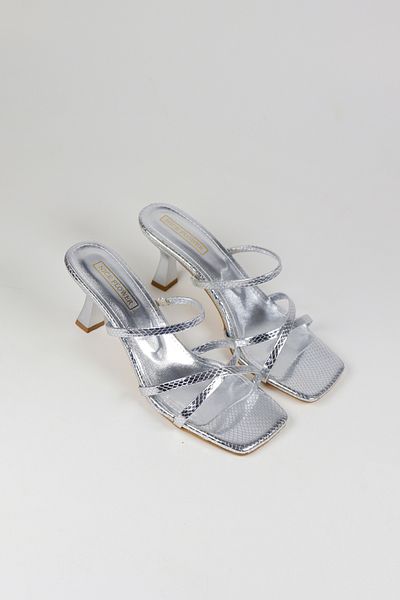 NiceDiffer Women's Ankle Strap Silver Crocodile Heeled Slippers Sandals