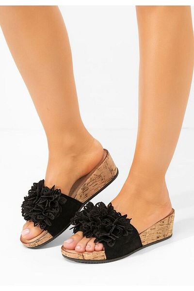 B T Shoes Black Floralia platform slippers