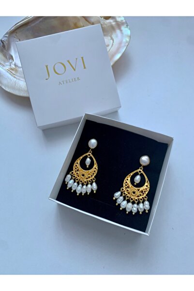 JOVİ ATELİER Doğal İncili Pirinç Altın Kaplama Kadın Etnik Küpe Özel Tasarım