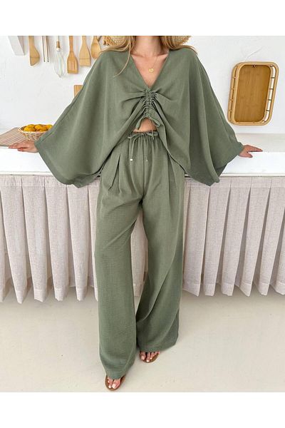 AL&SU BUTİK Front Gathered Bat Sleeve Double Suit Loose Pants