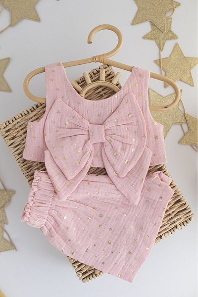 PİTABABY Pink Bow Baby Girl Shorts Set - Star Patterned Summer Set