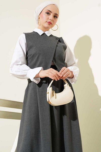 Fi-MA Asymmetric Collar Vest Skirt Suit - Gray
