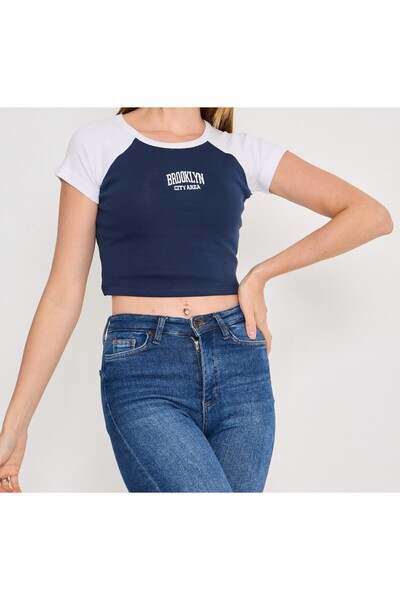 landoffashiontr Γυναικείο μπλουζάκι με τύπωμα ελαστικό ύφασμα Ribana Crop T-h...