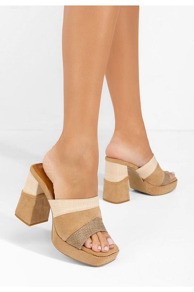 B T Shoes Anamina camel chunky heel slippers
