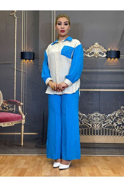 Yeşilmoda Suit,Summer,Women'S,Wide Leg, Split, Button,Linen,Applique Pocket,Shirt and Pants,High Waist