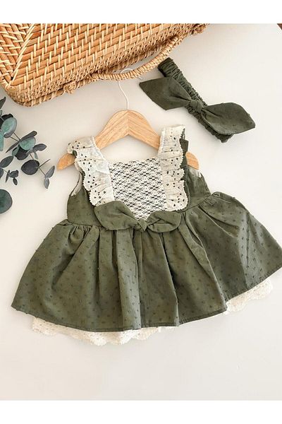 PİTABABY Siena - Dark Green Lace Detailed, Bandana Special Occasion Baby Girl Dress