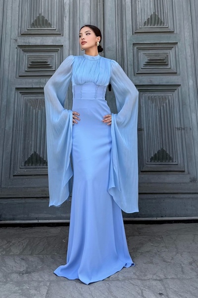 lodmela Rochie de seară cu ajustare a mărimii, cu detaliu de broderie cu mărgele în talie 2325-albastru