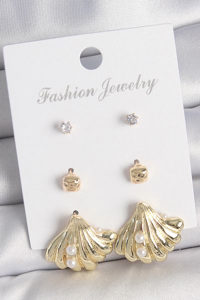 Skygo Brass Gold Color Zircon Stone Pearl Detailed Seashell Model 3 Pair Women's Earring Set