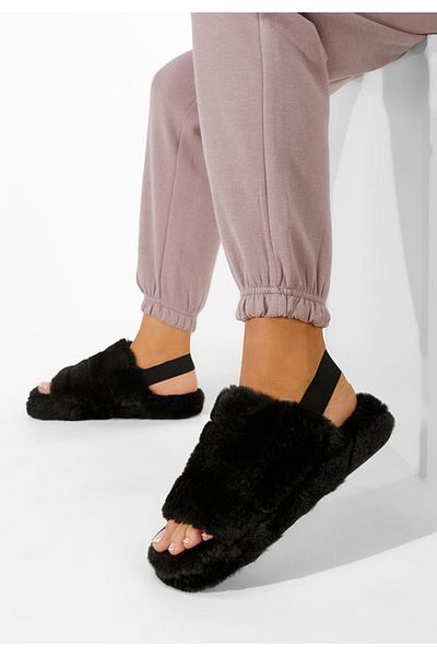 B T Shoes Black fluffy slippers Quenta