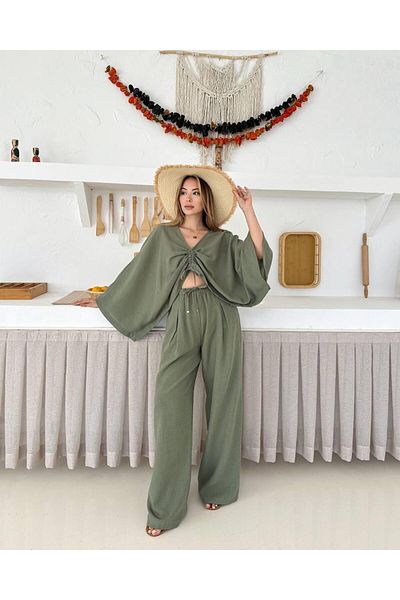 AL&SU BUTİK Front Gathered Bat Sleeve Double Suit Loose Pants