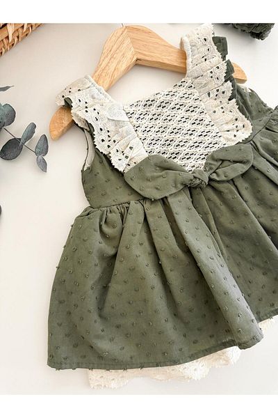 PİTABABY Siena - Dark Green Lace Detailed, Bandana Special Occasion Baby Girl Dress